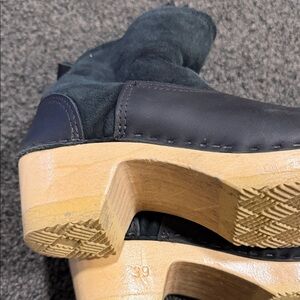 No. 6 Navy Suede and Leather Clog Boots with Wood-Look Heel